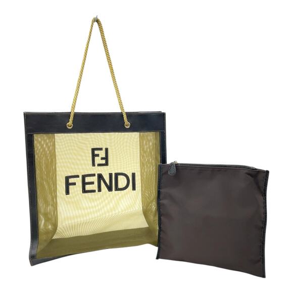 FENDI Logo Mesh Green Black Leather Tote bag With Pouch - Picture 1 of 12